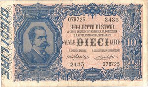 obverse: Banconote. Regno D Italia. Vittorio Emanuele III. 10 Lire Effigie di Umberto I. D.M. 11-10-1915. 