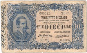 obverse: Banconote. Regno D Italia. Vittorio Emanuele III. 10 Lire Effigie di Umberto I. D.M. 11-10-1915.