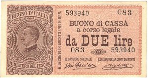 obverse: Banconote. Regno D Italia. Vittorio Emanuele III. Buono di cassa da 2 Lire. Serie 083. D.M. 28.12.1917. 