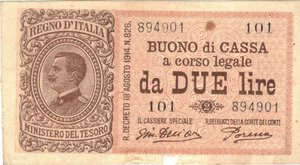obverse: Banconote. Regno D italia. Vittorio Emanuele III. Buono di cassa da 2 Lire. 14-03-1920. 
