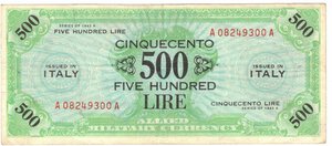 obverse: Banconote. Occupazione Americana. 500 Am lire 1943. Bilingue FLC. 
