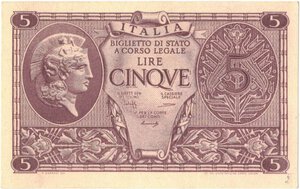 obverse: Banconote. Luogotenenza. 5 lire Atena Elmata. Dec. Min. 23 Novembre 1944. 