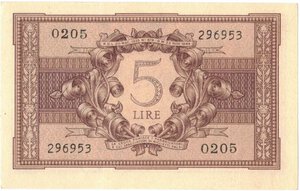 reverse: Banconote. Luogotenenza. 5 lire Atena Elmata. Dec. Min. 23 Novembre 1944. 