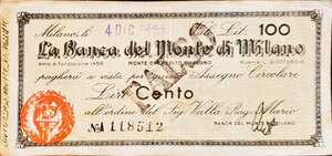 obverse: Banconote. Banca del Monte di Milano. 100 Lire 1944. qSPL. FALSO D EPOCA.