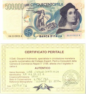 obverse: Banconote. Repubblica Italiana. 500.000 Lire Raffaello. D.M. 13 maggio 1997. Serie Sostitutiva  XA..A. 