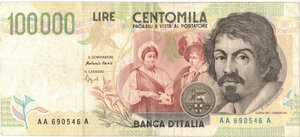 obverse: Banconote. Repubblica Italiana. 100.000 lire Caravaggio. 2°Tipo Tripla A. Decreto 12-05-1995. 