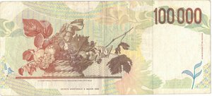 reverse: Banconote. Repubblica Italiana. 100.000 lire Caravaggio. 2°Tipo Tripla A. Decreto 12-05-1995. 