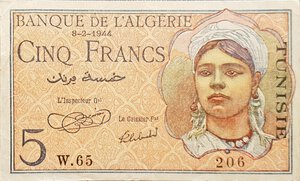 obverse: Banconote. Estere. Algeria. Sovrastampato Tunisia. 5 Franchi. 08/02/1944. 