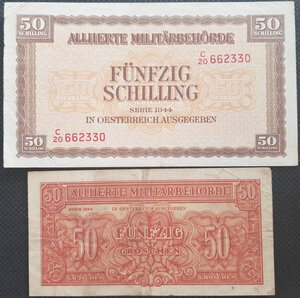 obverse: Banconote. Estere. Austria. Occupazione Tedesca. Lotto di 2 banconote. 50 Scellini e 50 Groschen. 