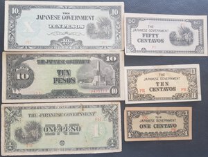 obverse: Banconote. Estere. Filippine. Occupazione Giapponese. Lotto di 6 banconote. 2 da 10 Pesos, 1 Peso e 10, 5 e 1 Centavos. 