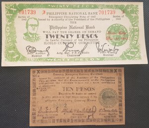 obverse: Banconote. Estere. Filippine. Occupazione Americana. Lotto di 2 banconote. 20 e 10 Pesos. 