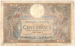 obverse: Banconote. Estere. Francia. 100 Franchi. 22 Novembre 1920. 