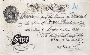 obverse: Banconote. Estere. Inghilterra. 5 Sterline 1938. BB. Interessante Falso d epoca.