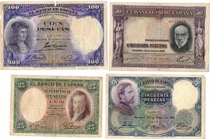 obverse: Banconote. Estere. Spagna. Lotto di quattro banconote anni 1931-1934 da 100, 50 e 25 Pesetas. 