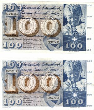 obverse: Banconote. Estere. Svizzera. Lotto di due banconote da 100 Franchi. 