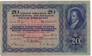 obverse: Banconote. Estere. Svizzera. 20 Franchi. 16 Ottobre 1947. 