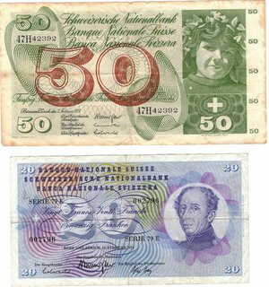 obverse: Banconote. Estere. Svizzera. Lotto di quattro banconote da 50, 20 e 10 Franchi. 