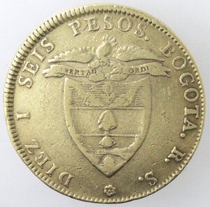 reverse: Colombia. 16 Pesos 1840. Au 875. Zecca di Bogota. 