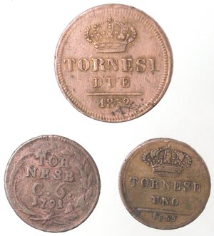 reverse: Napoli. Lotto di tre monete. Ae. 2 Tornesi 1832, Tornese 1859 e 6 avalli 1791. 