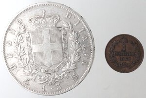 reverse: Vittorio Emanuele II. 1861-1878. 5 lire 1874 Milano. In coppia con centesimo 1867. Ag-Ae. 