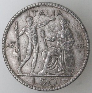 reverse: Vittorio Emanuele III. 1900-1943. 20 Lire Littore 1928. Falso d epoca. Metallo Bianco. 