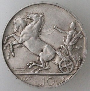 reverse: Vittorio Emanuele III. 1900-1943. 10 lire 1927 Biga. 1 Rosetta. Ag.