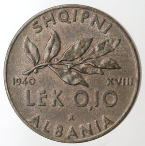 reverse: Vittorio Emanuele III. Albania. 1900-1946. 0,10 Lek 1940. Anno XVIII. Ae. 