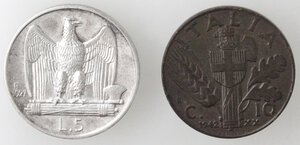 reverse: Vittorio Emanuele III. 1900-1943. Lotto di 2 monete. 5 Lire 1927 e 10 Centesimi 1942. Ag-Ae. 