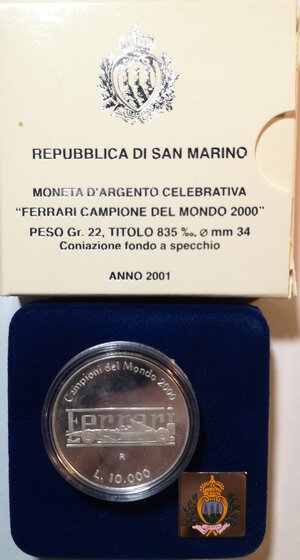 obverse: San Marino. 10.000 Lire 2001. Ag. Ferrari campione del mondo 2000. 
