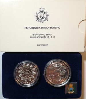 obverse: San Marino. Dittico 5 Euro + 10 Euro 2002. Ag. Benvenuto Euro. 