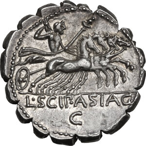 reverse: L. Scipio Asiagenus.. AR Denarius serratus, 106 BC