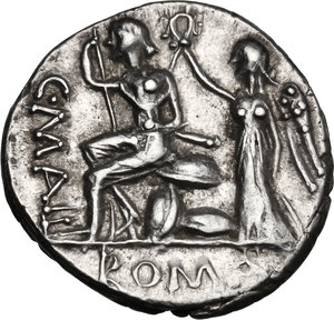 reverse: C. Poblicius Malleolus, A. Postumius Sp. f. Albinus and L. Metellus.. AR Denarius, 96 BC