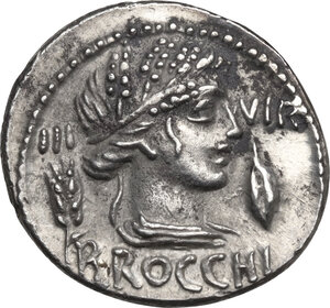 obverse: L. Furius Cn. f. Brocchus.. AR Denarius, 63 BC