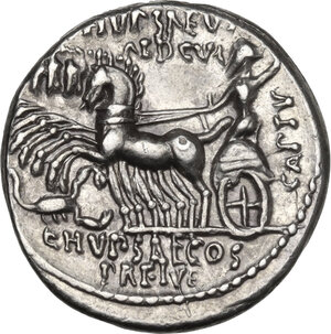reverse: M. Aemilius Scaurus and Pub. Plautius Hypsaeus. . AR Denarius, 58 BC