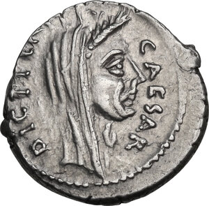 obverse: Julius Caesar.. AR Denarius, P. Sepullius Macer moneyer, 44 BC