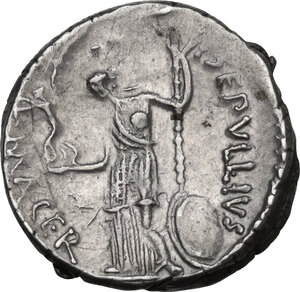reverse: Julius Caesar.. AR Denarius, P. Sepullius Macer moneyer, 44 BC