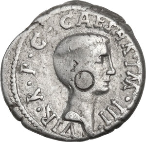 reverse: Lepidus and Octavian.. AR Denarius, 42 BC. Military mint traveling with Lepidus in Italy