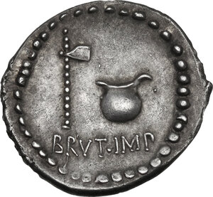 reverse: Brutus Imperator and L. Plaetorius Cestianus.. AR Denarius, mint moving with Brutus, 43-42 BC