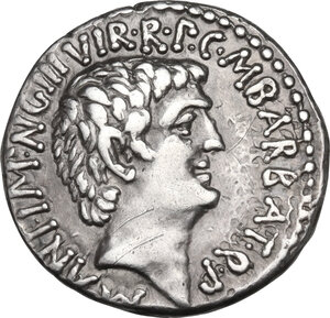 obverse: Mark Antony and Octavian, with M. Barbatius.. AR Denarius, 41 BC