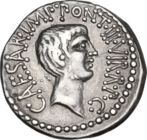 reverse: Mark Antony and Octavian, with M. Barbatius.. AR Denarius, 41 BC