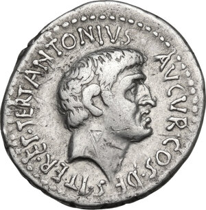 obverse: Mark Antony.. AR Denarius, c. 34 BC.   Antioch or military mint traveling with Canidius Crassus in Armenia