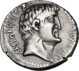 obverse: Mark Antony with M. Silanus.. AR Denarius, 33 BC, mint moving with Mark Antony