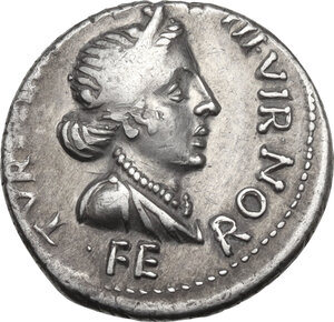obverse: Augustus (27 BC - 14 AD) with P. Petronius Turpilianus.. AR Denarius, 19 BC