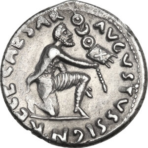 reverse: Augustus (27 BC - 14 AD) with P. Petronius Turpilianus.. AR Denarius, 19 BC