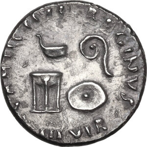 reverse: Augustus (27 BC-14 AD) with C. Antinstius Reginus. AR Denarius, Rome mint, 13 BC