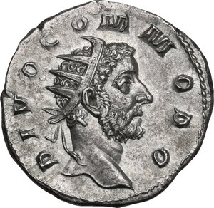 obverse: Commodus (Divus after 192 AD).  AR Antoninianus, restored by Trajan Decius. Rome mint, 250-251 AD