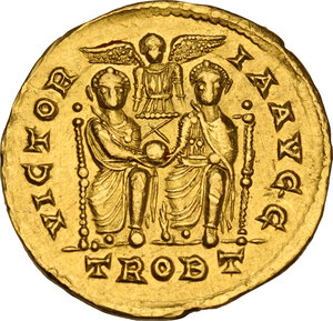 reverse: Valentinian II (375-392)..  AV Solidus, Treveri mint, 377 AD