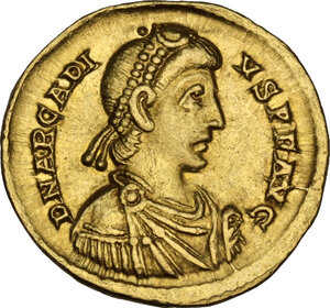 obverse: Arcadius (383-408).. AV Solidus, Mediolanum mint, 395-402 AD