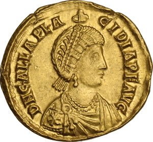 obverse: Galla Placidia, daughter of Theodosius I and mother of Valentinian III (died 450 AD).. AV Solidus, Ravenna mint, 421-422 AD