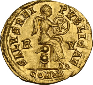 reverse: Galla Placidia, daughter of Theodosius I and mother of Valentinian III (died 450 AD).. AV Solidus, Ravenna mint, 421-422 AD